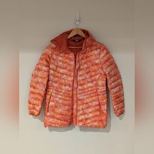 Lands' End Coral & Yellow Printed Hooded Puffer Jacket - Women